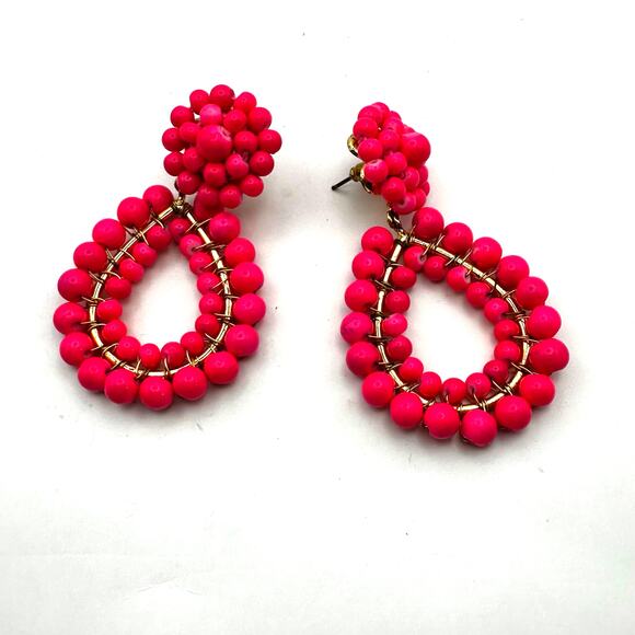 Le Lis Beaded Earring Preppy Drop Dangle Pierced Oversized Resortwear Hot Pink - Picture 1 of 5